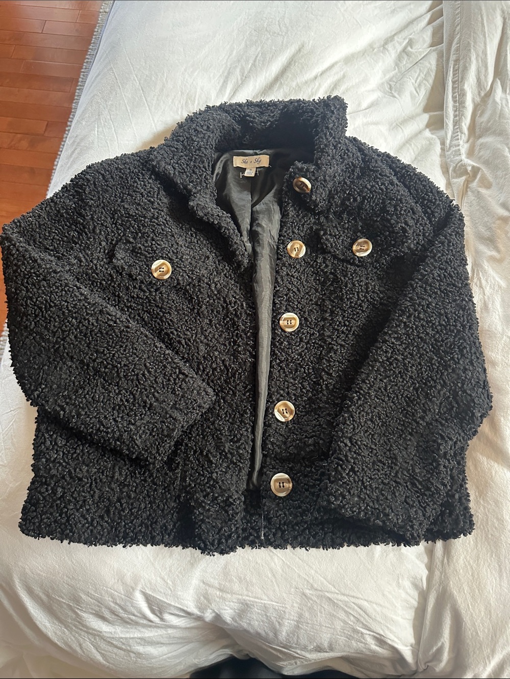 She + Sky Black Teddy Button-Front Jacket